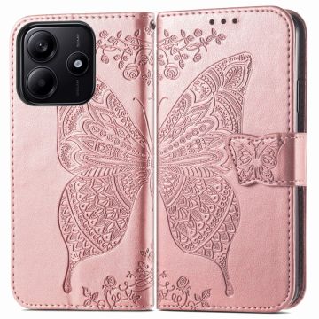 Xiaomi Redmi Note 14 5G Fodral Läder Fjäril Tryck Roséguld
