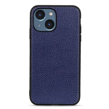 iPhone 15 Skal Äkta Läder Litchi Textur Blå