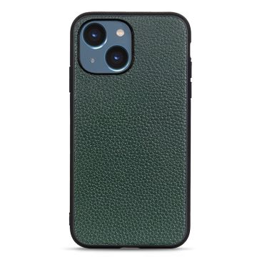 iPhone 15 Skal Äkta Läder Litchi Textur Grön
