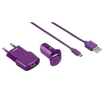 HAMA laddningsset Billaddare + Strömadapter Micro-Usb 140cm - Lila